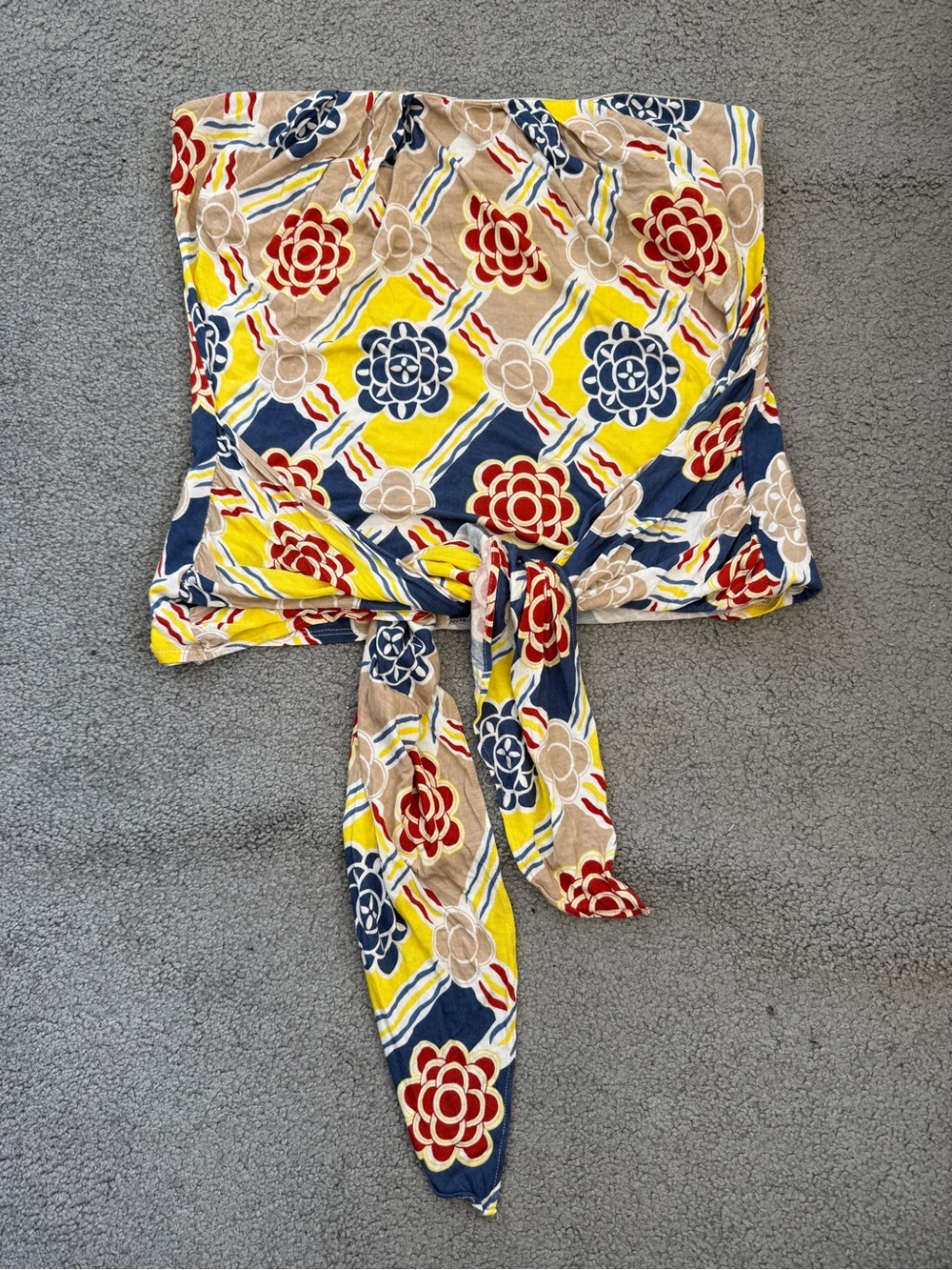 New Anthropologie Ric Rac M strapless top crop front tie Floral Yellow Navy Red